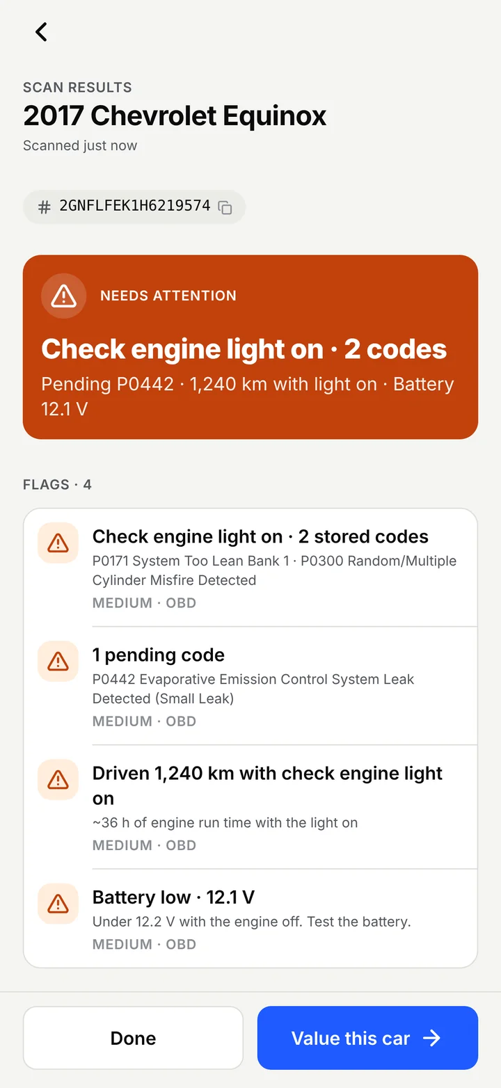 Appraise Scan results for a 2017 Chevrolet Equinox: check engine light on, 2 stored codes, 1 pending code and a low battery flag