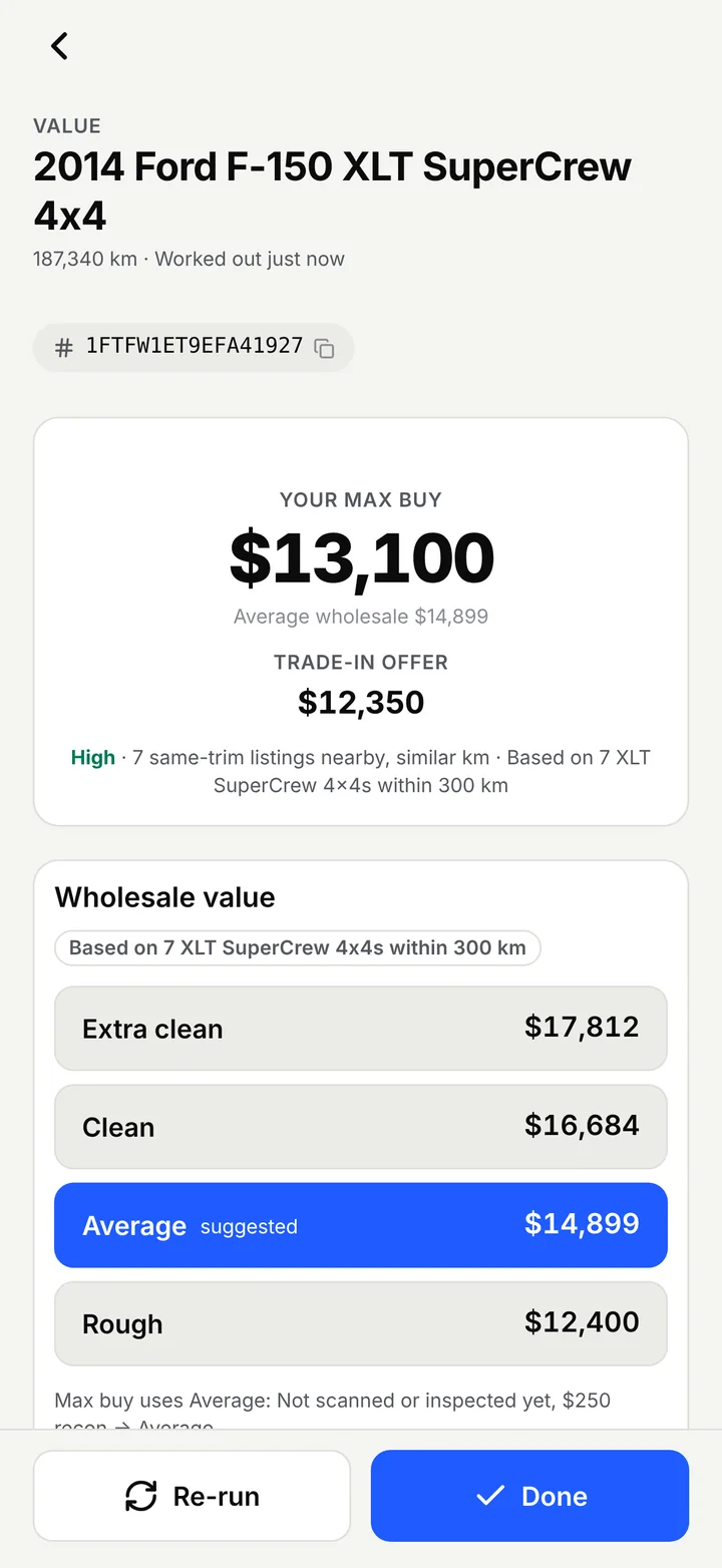 Appraise Value screen for a 2014 Ford F-150: max buy $13,100, trade-in offer $12,350 and four wholesale grades